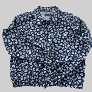 POLO RALPH LAUREN Womens Floral Zip Jacket XL Blue White 100% Cotton
